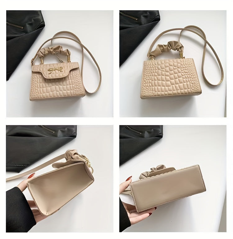 Vibrant Retro Crocodile Pattern Chic Shoulder Bag - Compact, Versatile, Fashionable, Everyday Wear with Bowknot Detail, Casual Street Style, and Chic Design - Perfect for Women's Daily Use